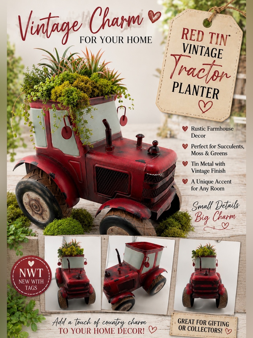 Red Tin Vintage Tractor Planter - Home Decor Accents NWT